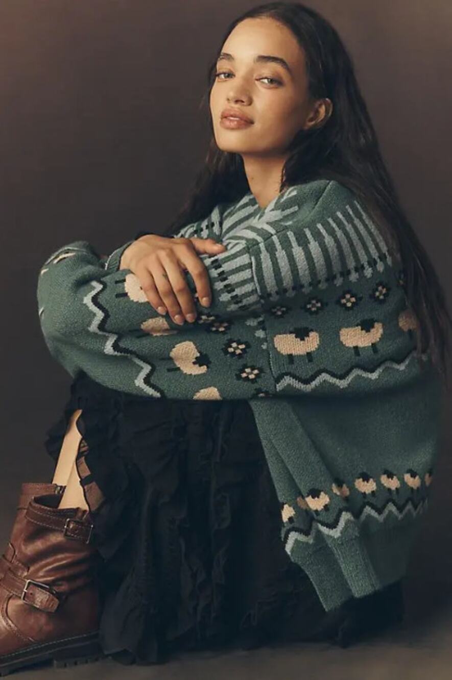 ANTHROPOLOGIE x MAEVE Fairisle Sheep Cardigan Sweater Green One Size $168 {271}